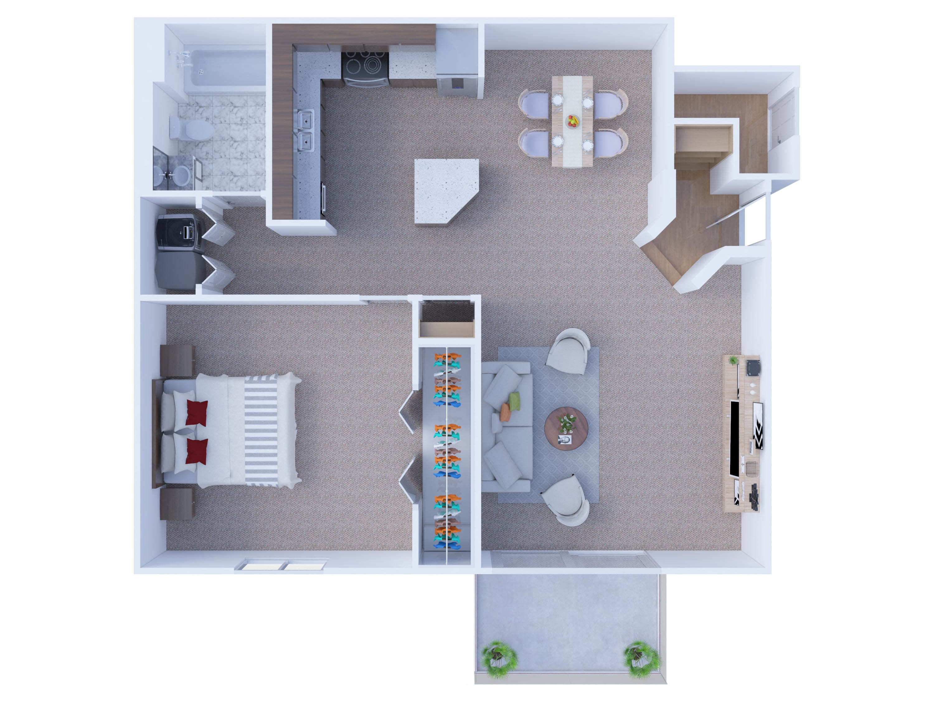 Floor plan for 1 bed, 1 bath, 749 sqft